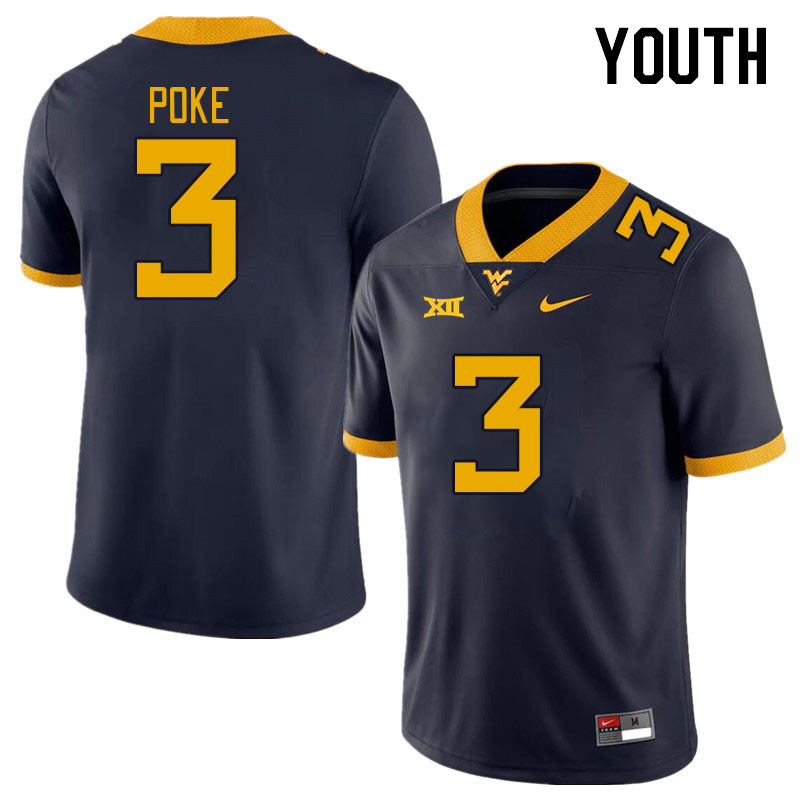 Youth #3 Ja'Shaun Poke West Virginia Mountaineers College Football Jerseys Stitched Sale-Navy - Click Image to Close